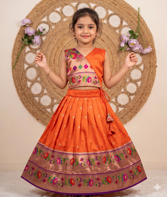orange paithani pattu pavadai for girls ethnic wear 1