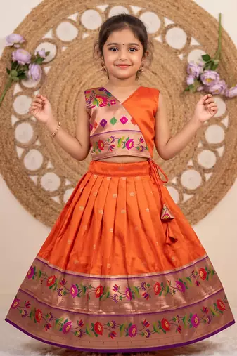 orange paithani pattu pavadai for girls ethnic wear