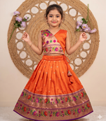 orange paithani pattu pavadai for girls ethnic wear
