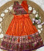 orange paithani pattu pavadai for girls ethnic wear
