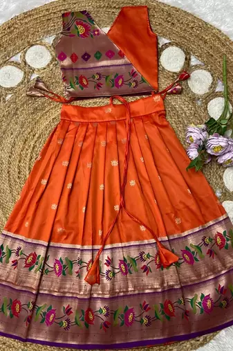 orange paithani pattu pavadai for girls ethnic wear