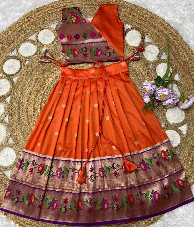 orange paithani pattu pavadai for girls ethnic wear
