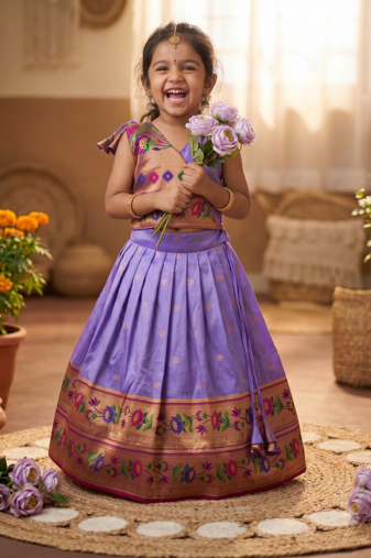 lavender paithani pattu pavadai for girls ethnic wear