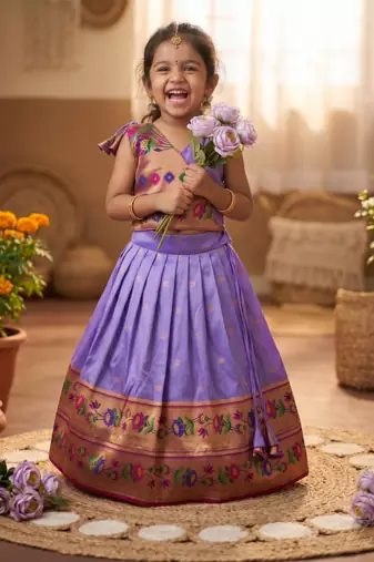 lavender paithani pattu pavadai for girls ethnic wear