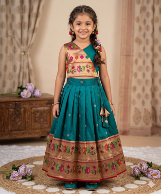 teal paithani pattu pavadai for girls ethnic wear 1
