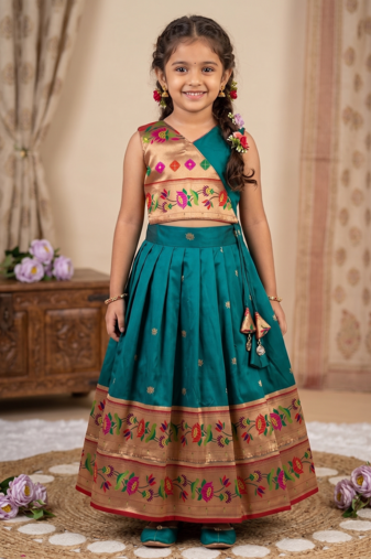 teal paithani pattu pavadai for girls ethnic wear