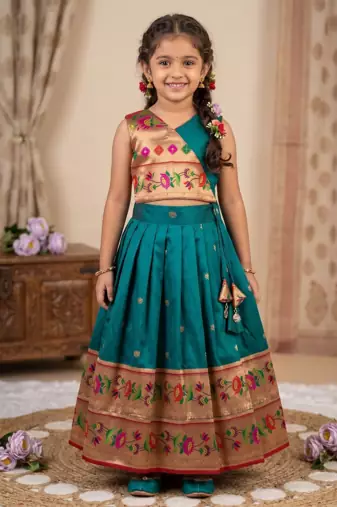 teal paithani pattu pavadai for girls ethnic wear