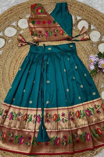 teal paithani pattu pavadai for girls ethnic wear