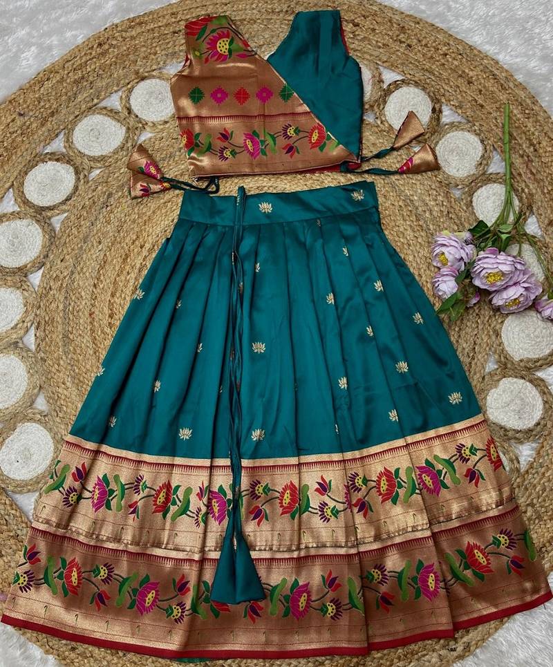 teal paithani pattu pavadai for girls ethnic wear