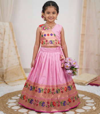 pink paithani pattu pavadai for girls ethnic wear 1