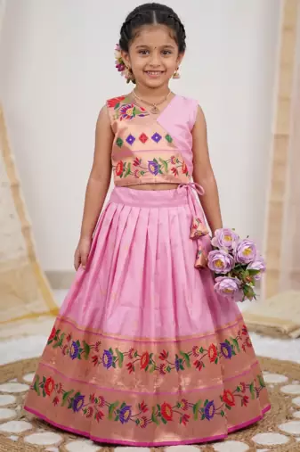 pink paithani pattu pavadai for girls ethnic wear