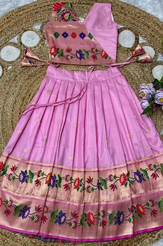 pink paithani pattu pavadai for girls ethnic wear