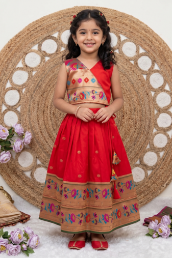 red paithani pattu pavadai for girls ethnic wear