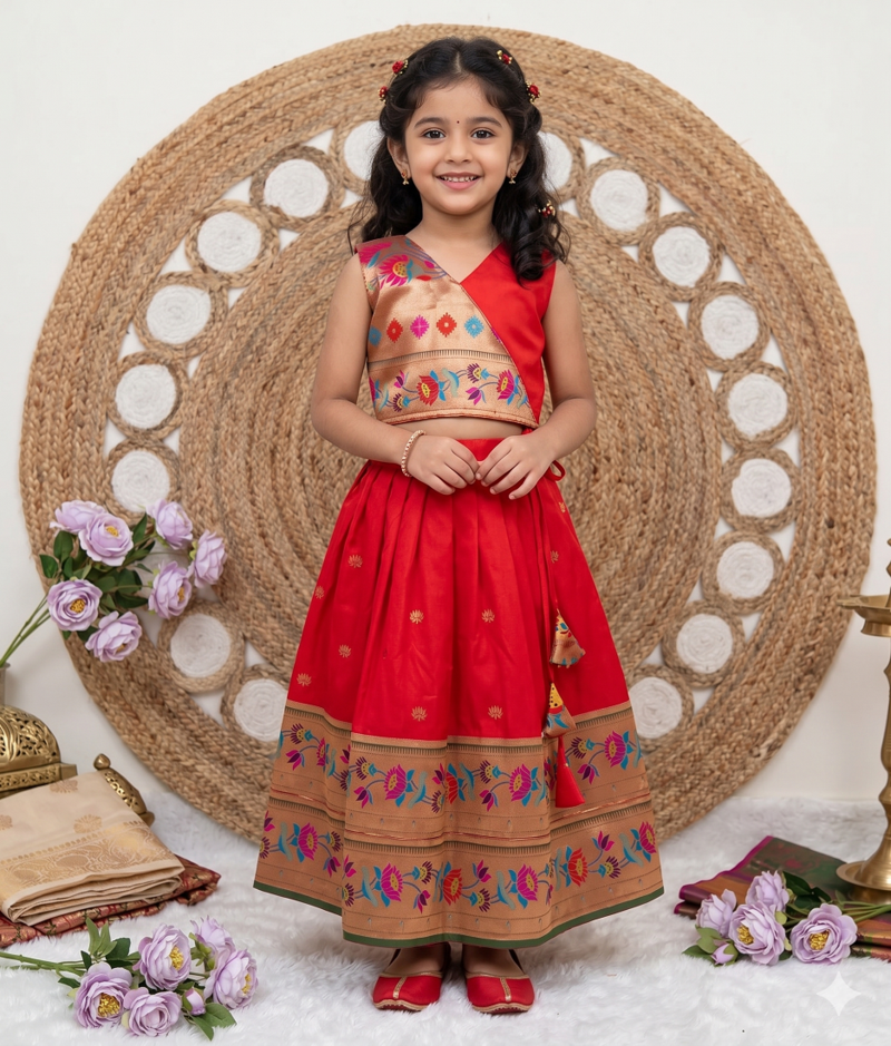 red paithani pattu pavadai for girls ethnic wear