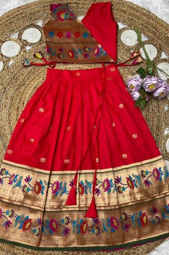 red paithani pattu pavadai for girls ethnic wear