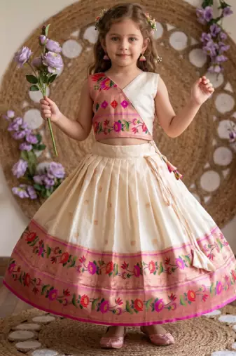 offwhite paithani pattu pavadai for girls ethnic wear