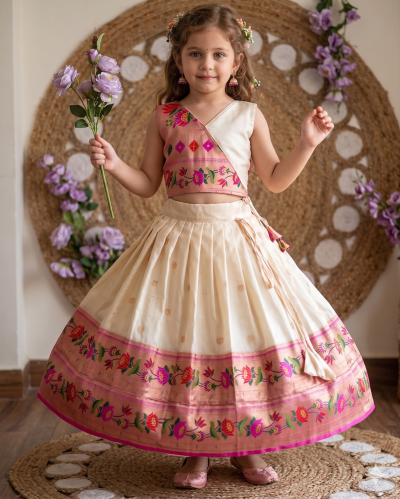 offwhite paithani pattu pavadai for girls ethnic wear