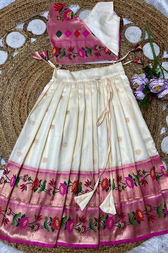 offwhite paithani pattu pavadai for girls ethnic wear