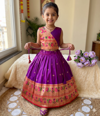 violet paithani pattu pavadai for girls ethnic wear 1