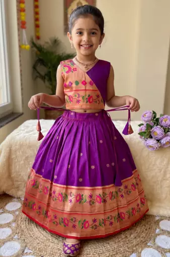 violet paithani pattu pavadai for girls ethnic wear