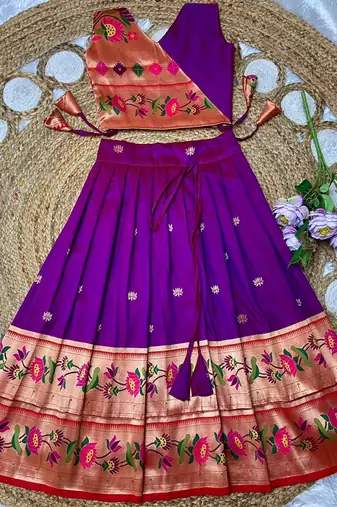violet paithani pattu pavadai for girls ethnic wear