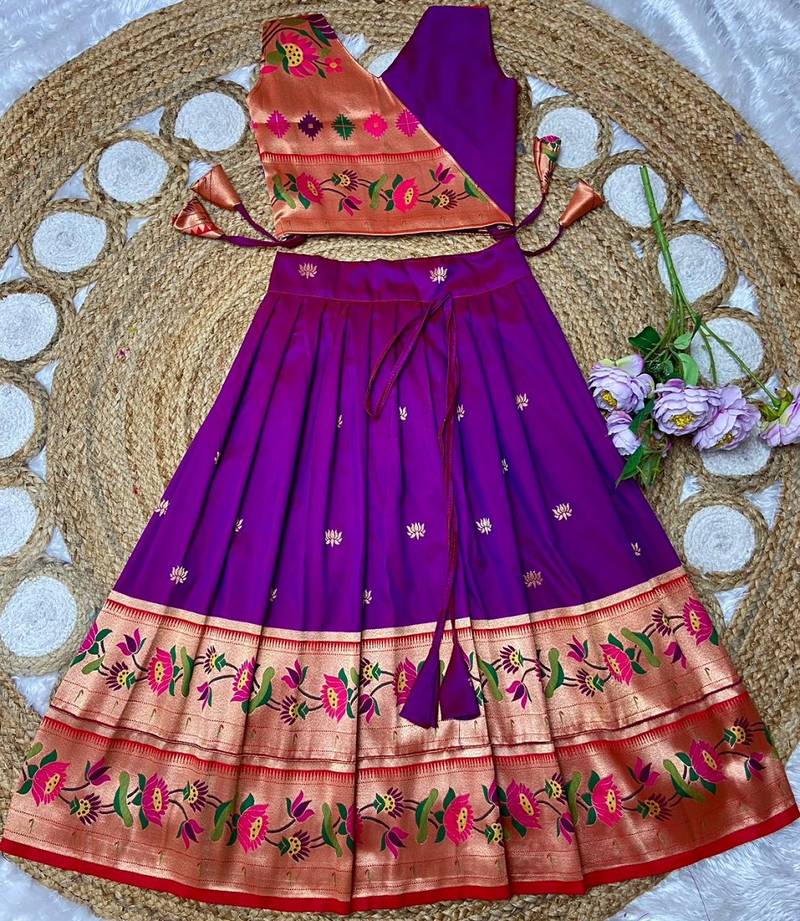 violet paithani pattu pavadai for girls ethnic wear