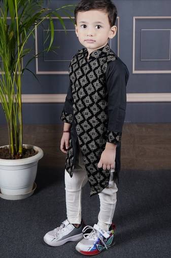 boys black embroidered kurta with white pant