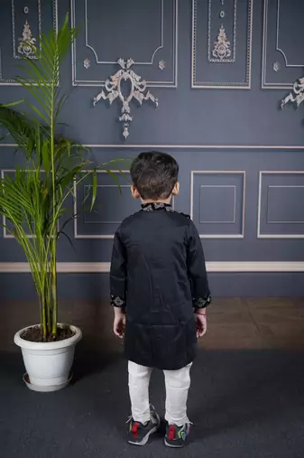 boys black embroidered kurta with white pant