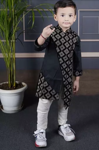 boys black embroidered kurta with white pant