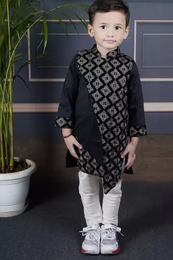 boys black embroidered kurta with white pant