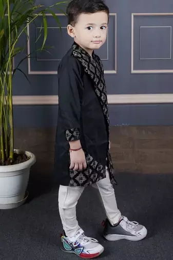 boys black embroidered kurta with white pant