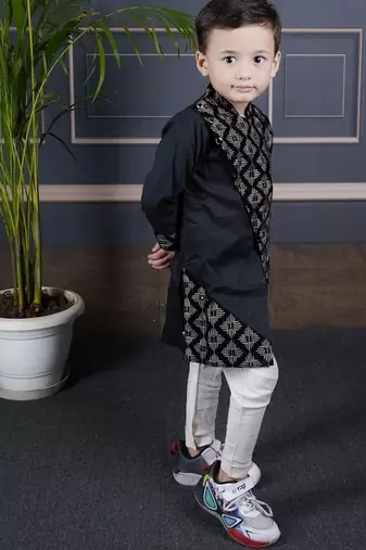 boys black embroidered kurta with white pant