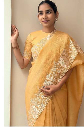 Yellow Color Embroidered Crush Silk Blend Saree