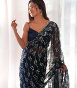Navy Blue Color Embroidered Simmar Saree