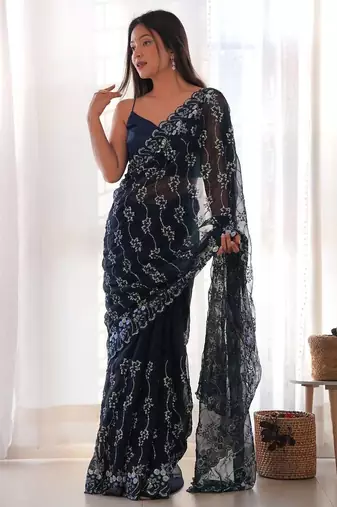Navy Blue Color Embroidered Simmar Saree