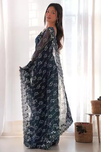 Navy Blue Color Embroidered Simmar Saree