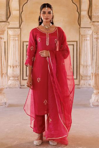 Pink embroidered silk kurta set