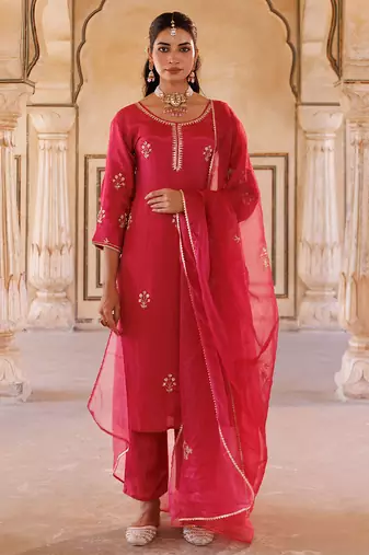 Pink embroidered silk kurta set