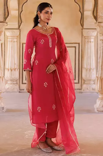 Pink embroidered silk kurta set