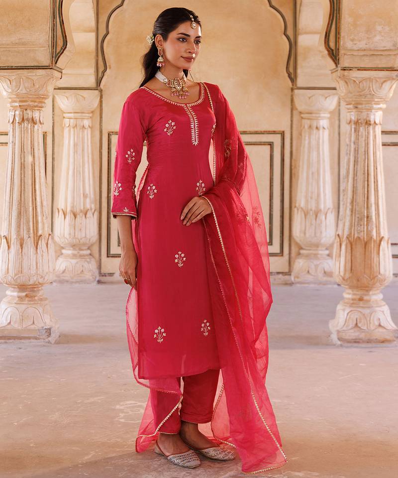 Pink embroidered silk kurta set