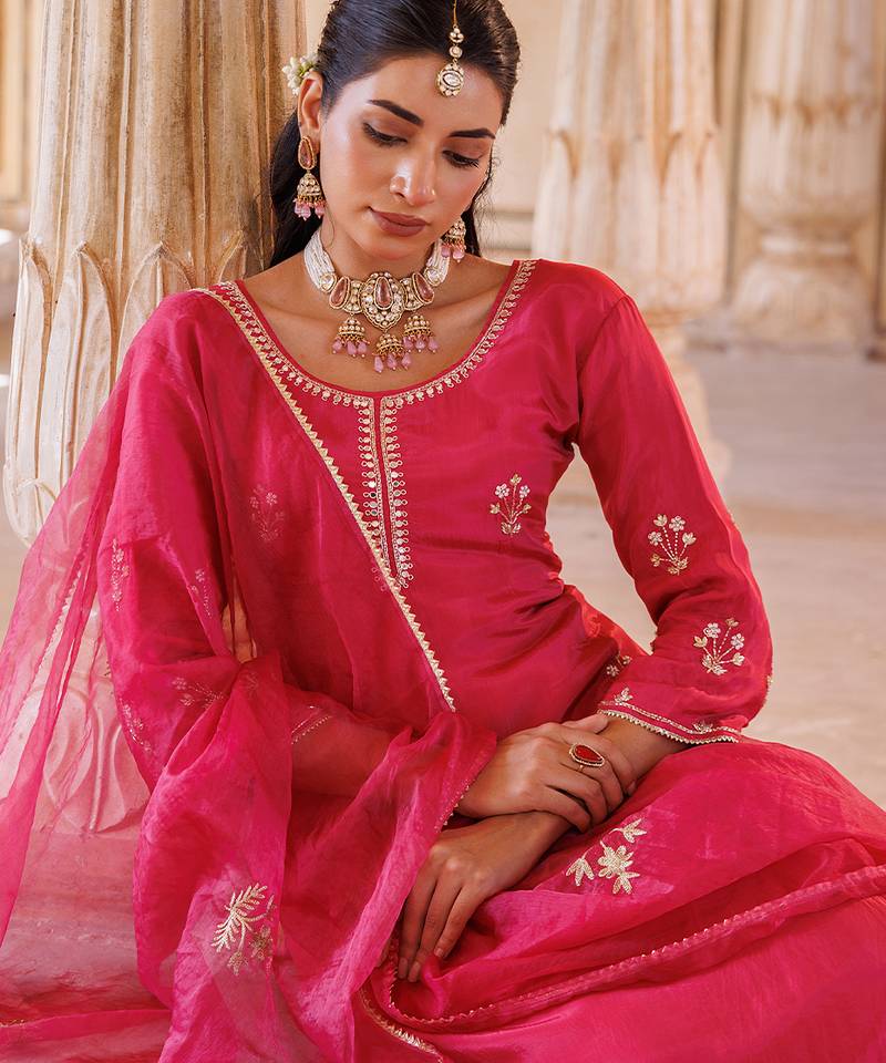 Pink embroidered silk kurta set