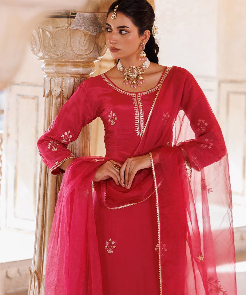 Pink embroidered silk kurta set