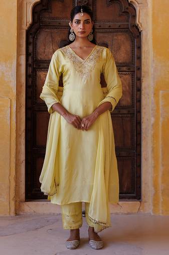 Yellow embroidered silk kurta set