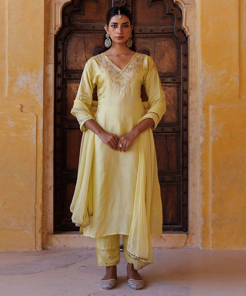 Yellow embroidered silk kurta set