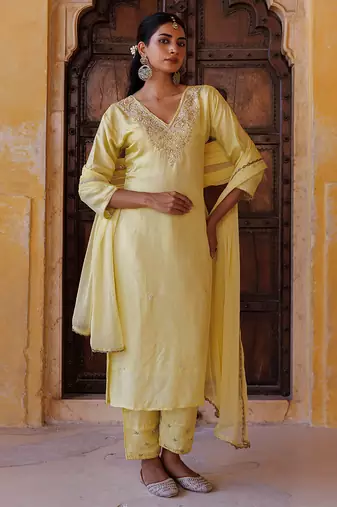 Yellow embroidered silk kurta set
