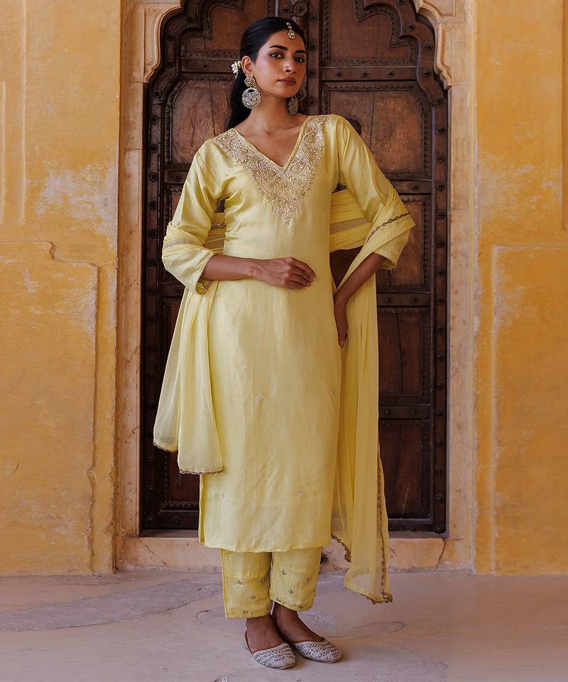 Yellow embroidered silk kurta set