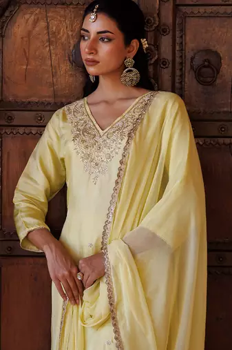 Yellow embroidered silk kurta set