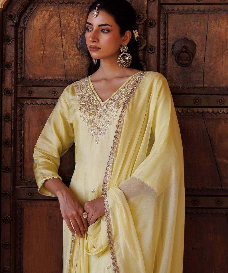 Yellow embroidered silk kurta set