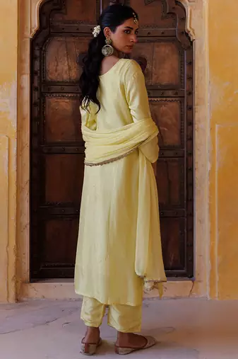 Yellow embroidered silk kurta set