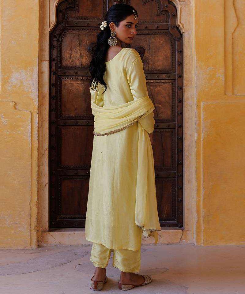 Yellow embroidered silk kurta set